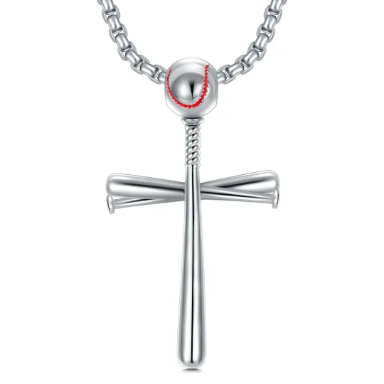 Sterling Silver Baseball & Cross Pendant Necklace for Men