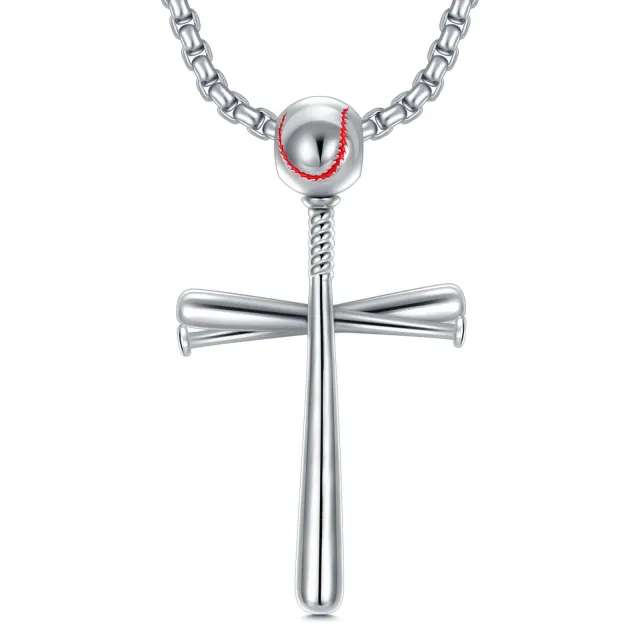 Sterling Silver Baseball & Cross Pendant Necklace for Men-1