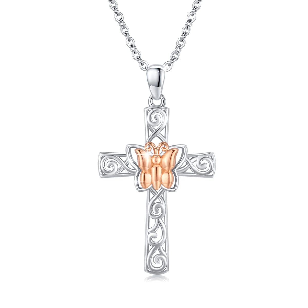 Sterling Silver Two-tone Butterfly & Cross Pendant Necklace-1