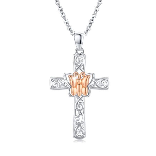 Sterling Silver Two-tone Butterfly & Cross Pendant Necklace-0