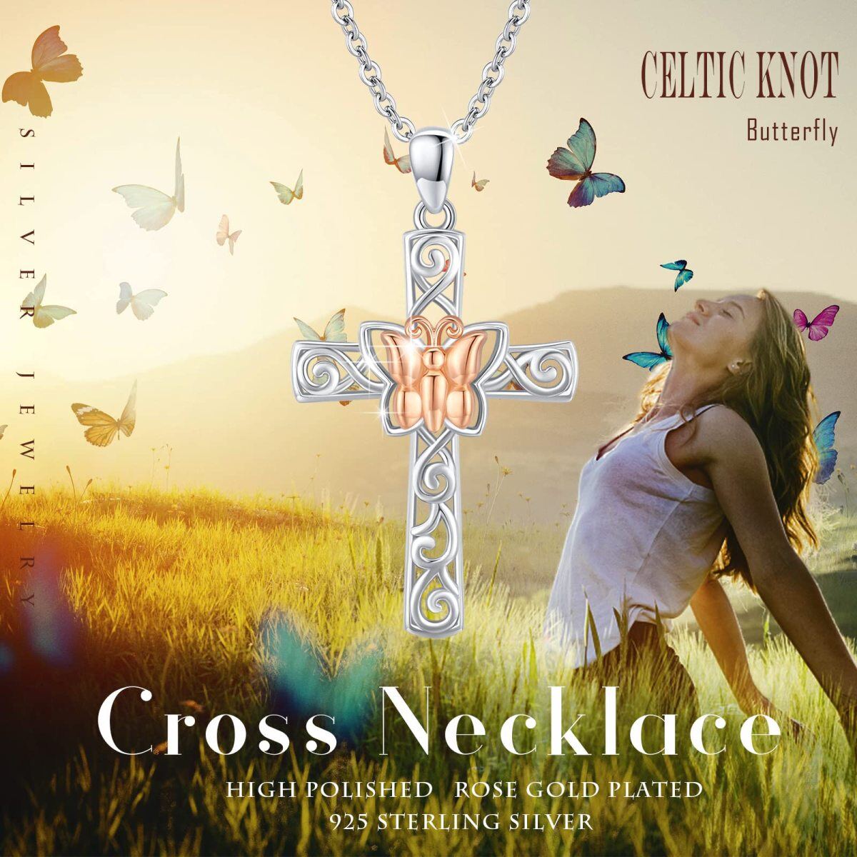 Sterling Silver Two-tone Butterfly & Cross Pendant Necklace-6