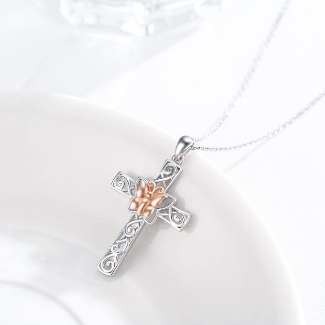 Sterling Silver Two-tone Butterfly & Cross Pendant Necklace-4