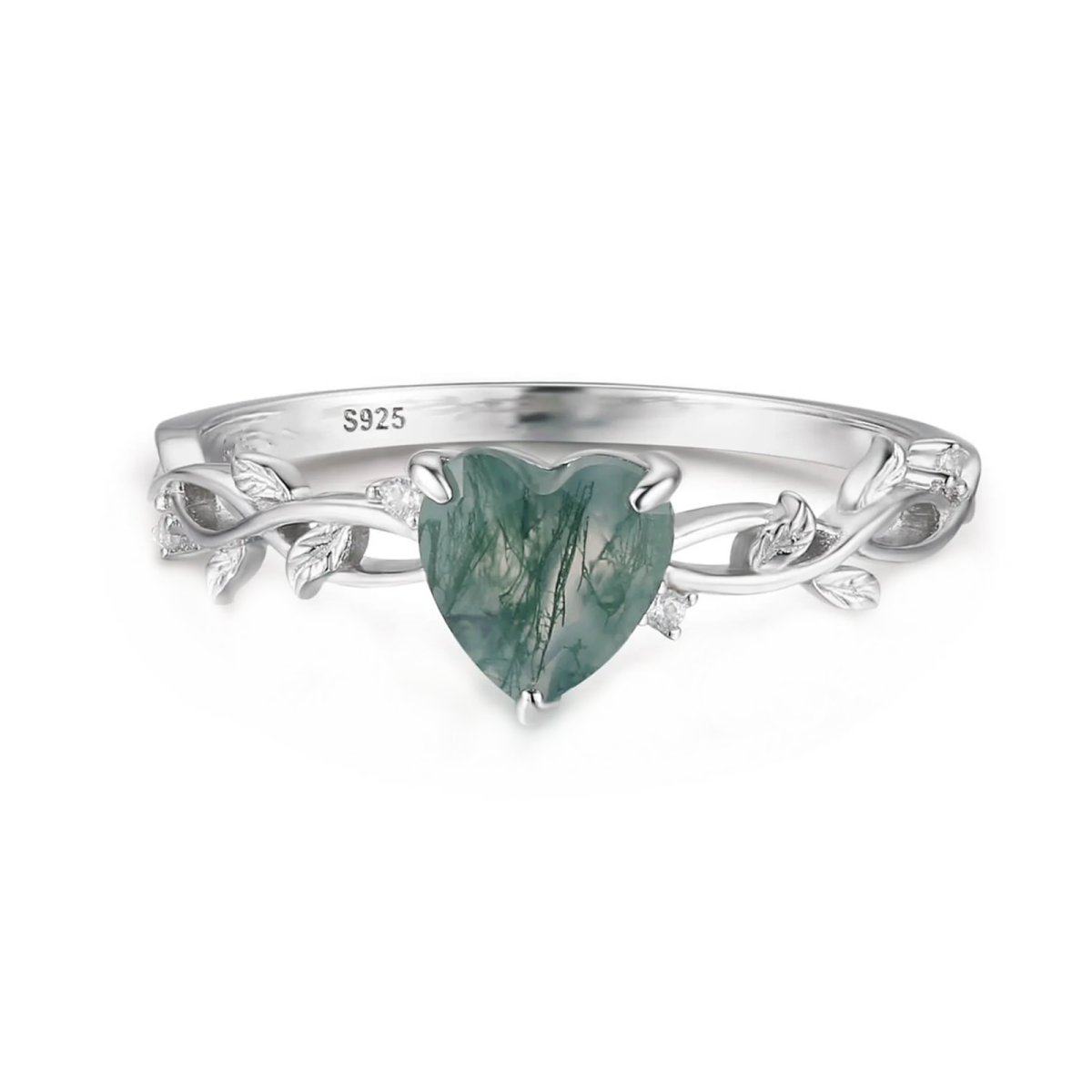 Sterling Silver Heart Shaped Moss Agate Couple & Heart Engagement Ring-1