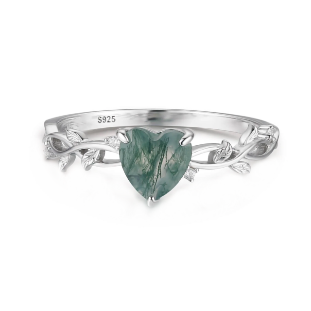 Prata esterlina Casal de ágata musgo em forma de coração e anel de noivado em forma de cor-0