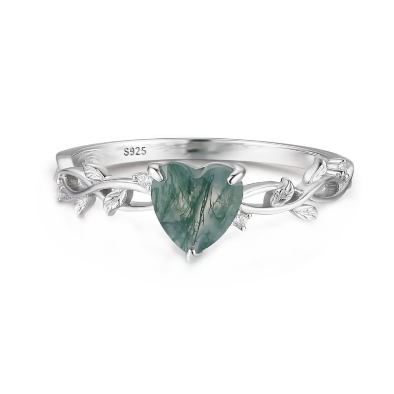 Sterling Silver Heart Shaped Moss Agate Couple & Heart Engagement Ring