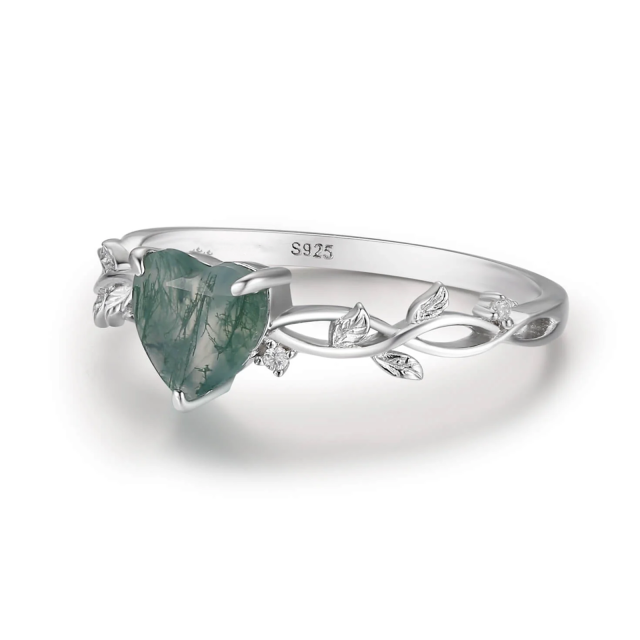 Prata esterlina Casal de ágata musgo em forma de coração e anel de noivado em forma de cor-1