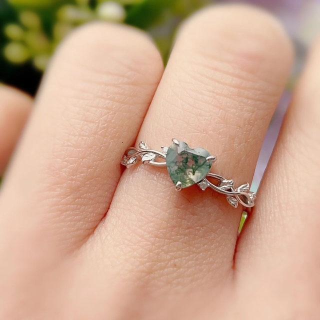 Prata esterlina Casal de ágata musgo em forma de coração e anel de noivado em forma de cor-2