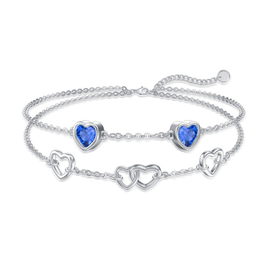Sterling Silver Blue Heart Shaped Cubic Zirconia Multi-layered Anklet
