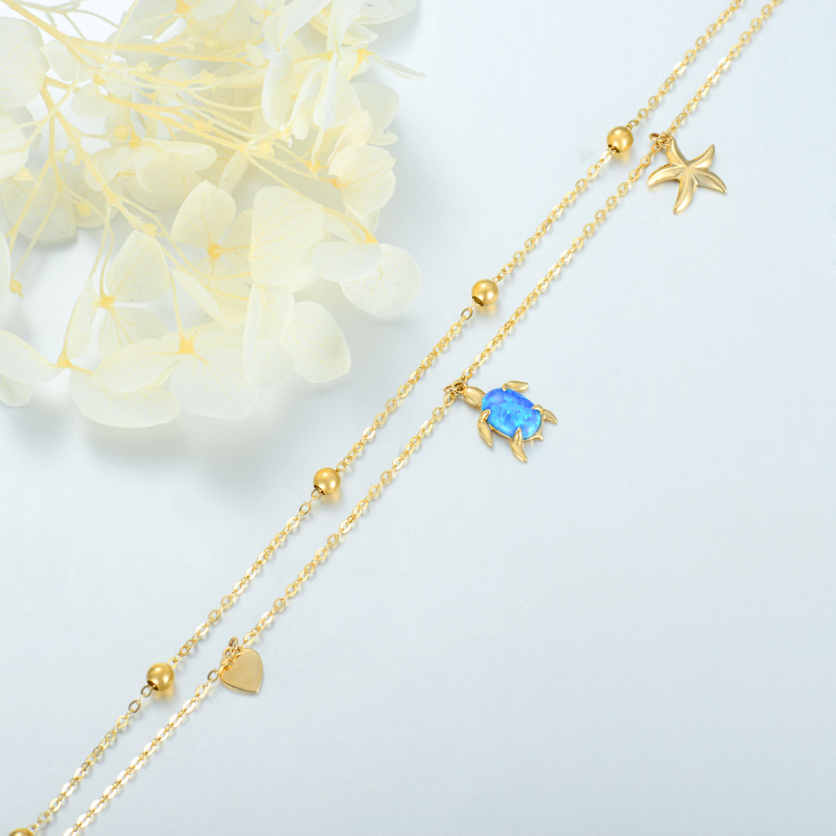 14K Gold Oval Shaped Opal Sea Turtle Single Layer Anklet-5