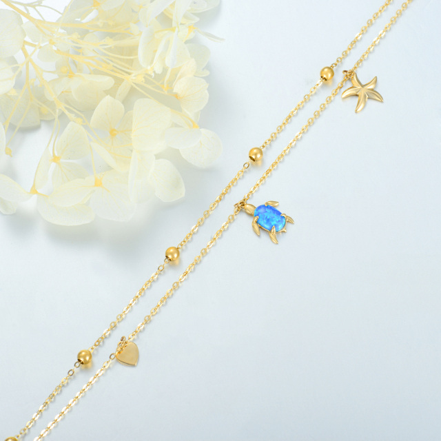 14K Gold Oval Shaped Opal Sea Turtle Single Layer Anklet-4