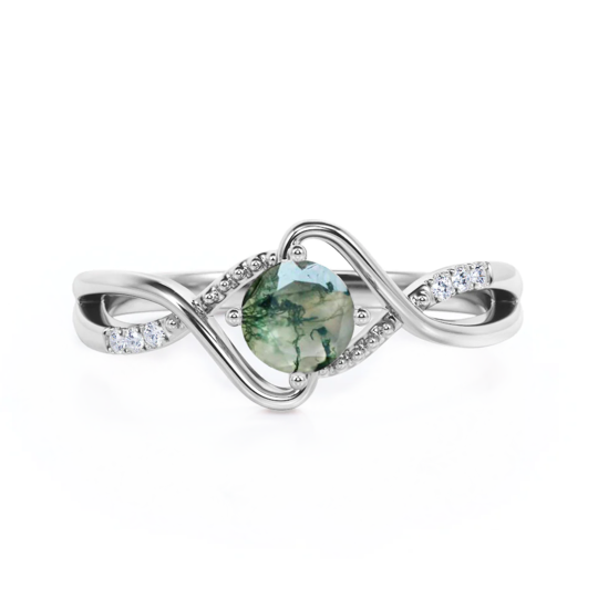 Sterling Silver Moss Agate Round Engagement Ring
