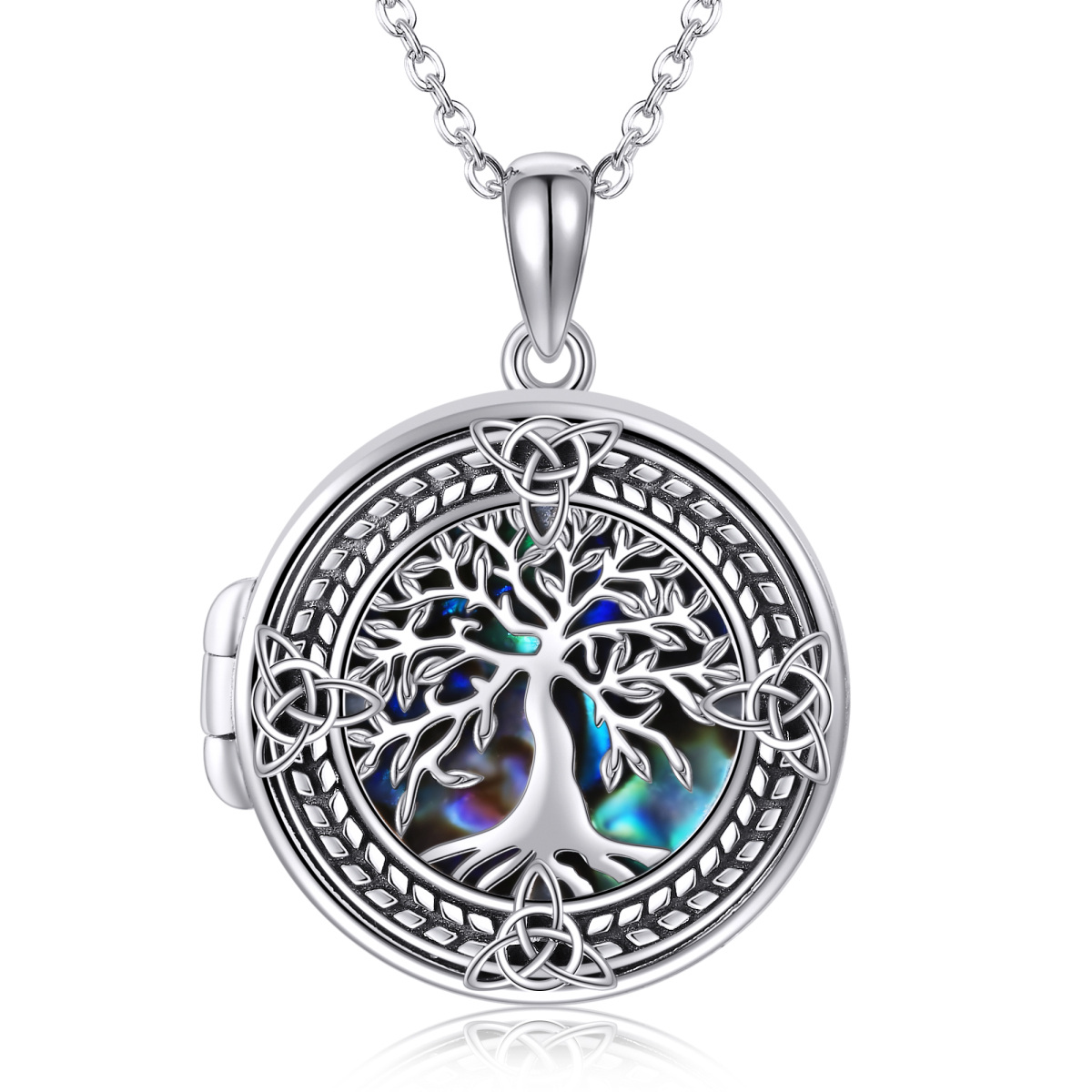 Sterling Silver Circular Shaped Abalone Shellfish Tree Of Life & Celtic Knot Personalized Photo Locket Necklace-1