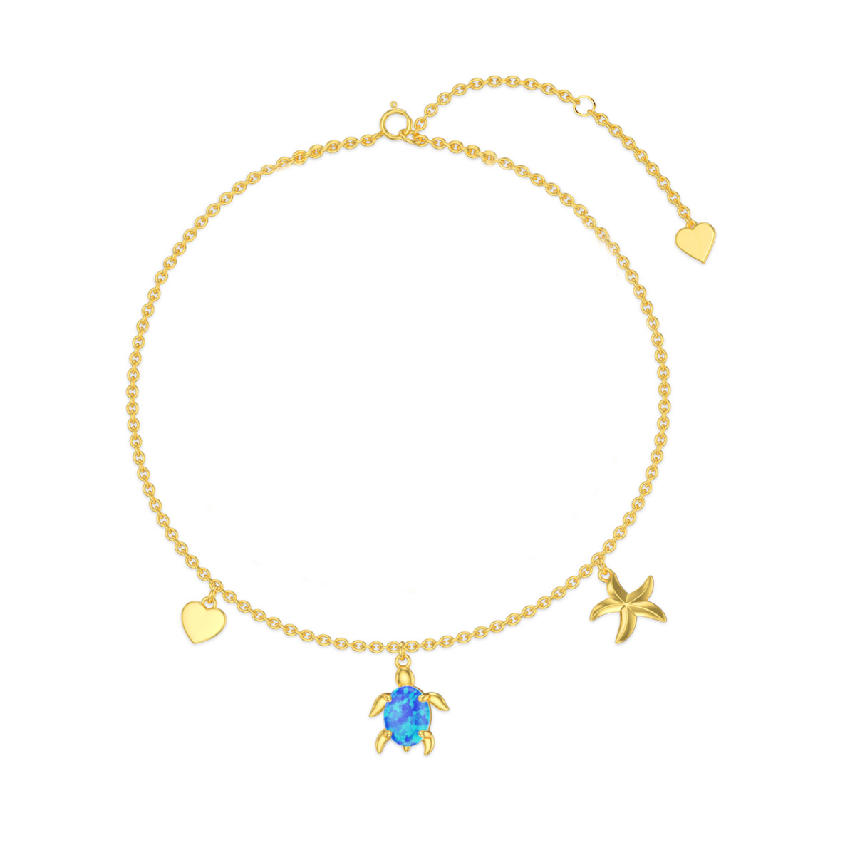 14K Gold Oval Shaped Opal Sea Turtle Single Layer Anklet-1
