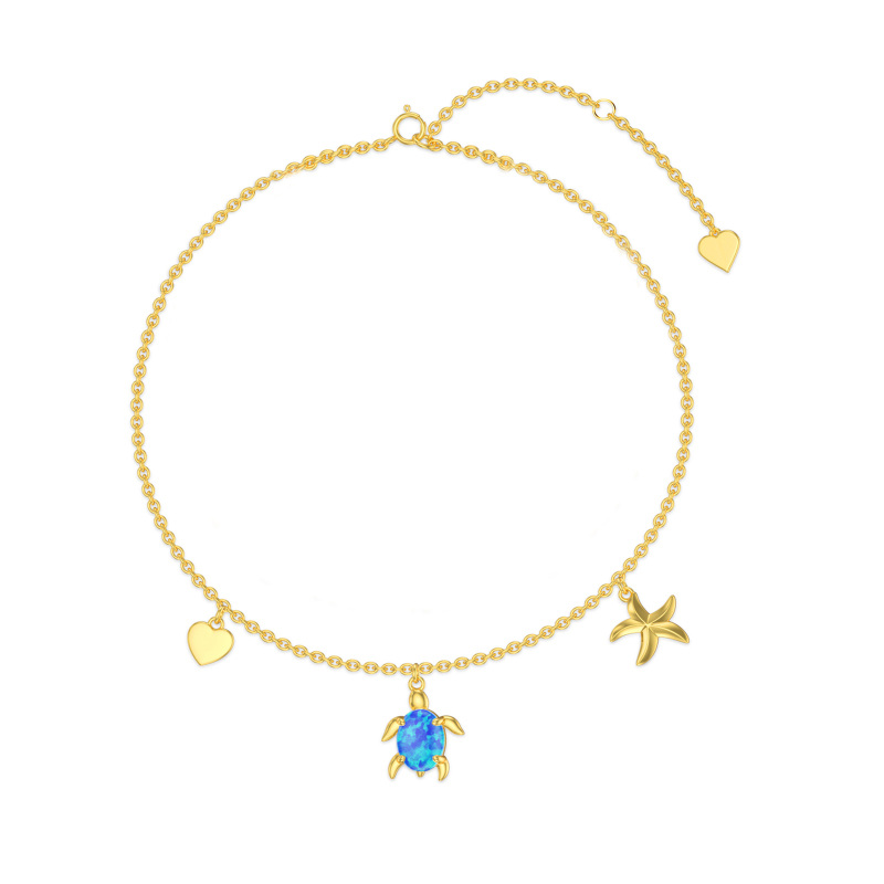 Bracelet de cheville monocouche en or 14 carats avec opale de forme ovale et tortue de mer