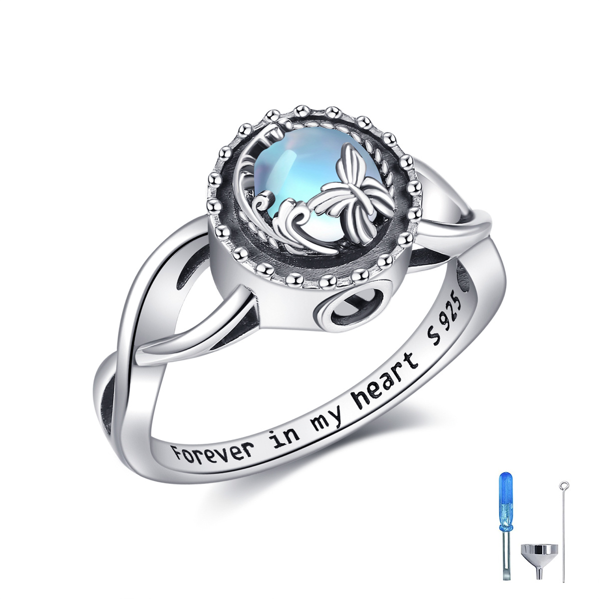 Sterling Silver Circular Shaped Moonstone Butterfly Urn Ring with Engraved Word-1