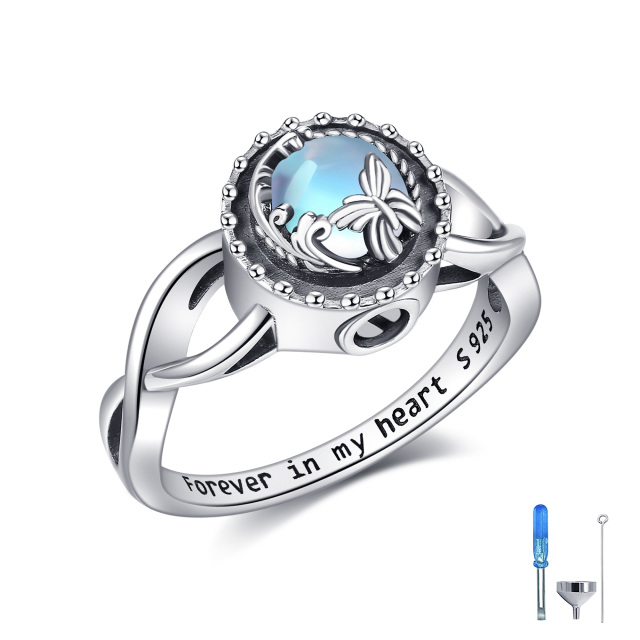 Anel de prata esterlina em forma circular de urna de borboleta de pedra da lua com palavra-0