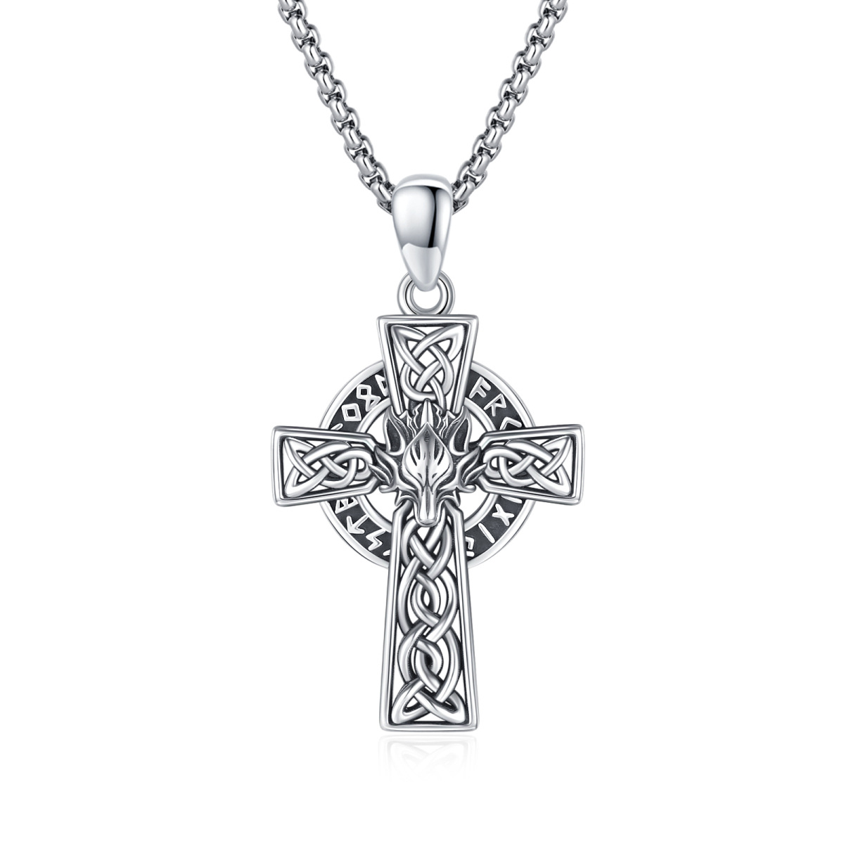 Sterling Silver Wolf & Celtic Knot & Cross Pendant Necklace-1