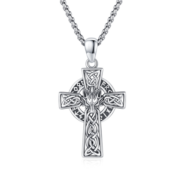 Sterling Silver Wolf & Celtic Knot & Cross Pendant Necklace-0