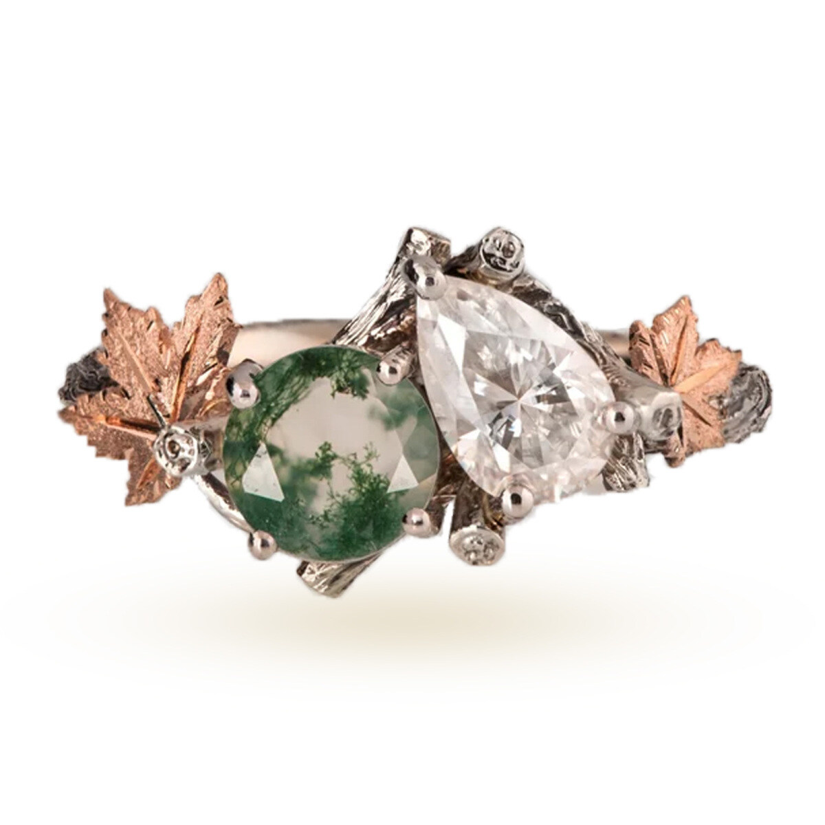 Sterling Silver with Rose Gold Plated Moss Agate Maple Leaf Engagement Ring-1