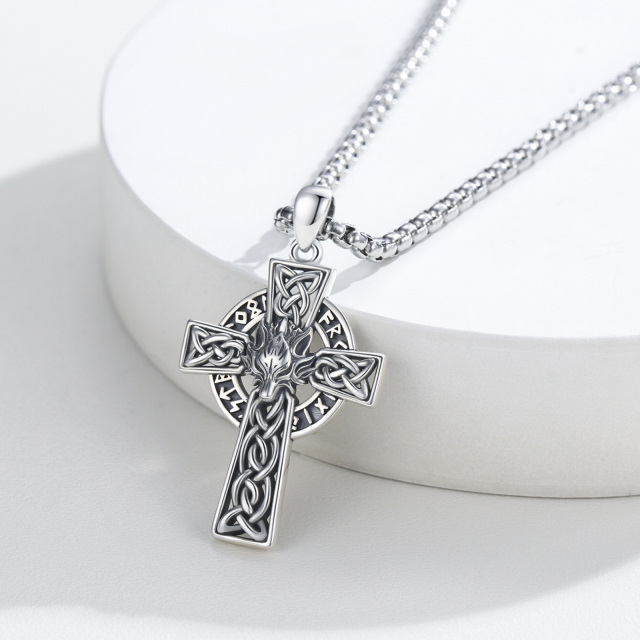Sterling Silver Wolf & Celtic Knot & Cross Pendant Necklace-5