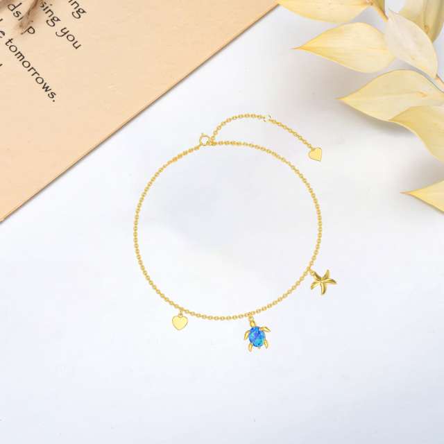 14K Gold Oval Shaped Opal Sea Turtle Single Layer Anklet-2
