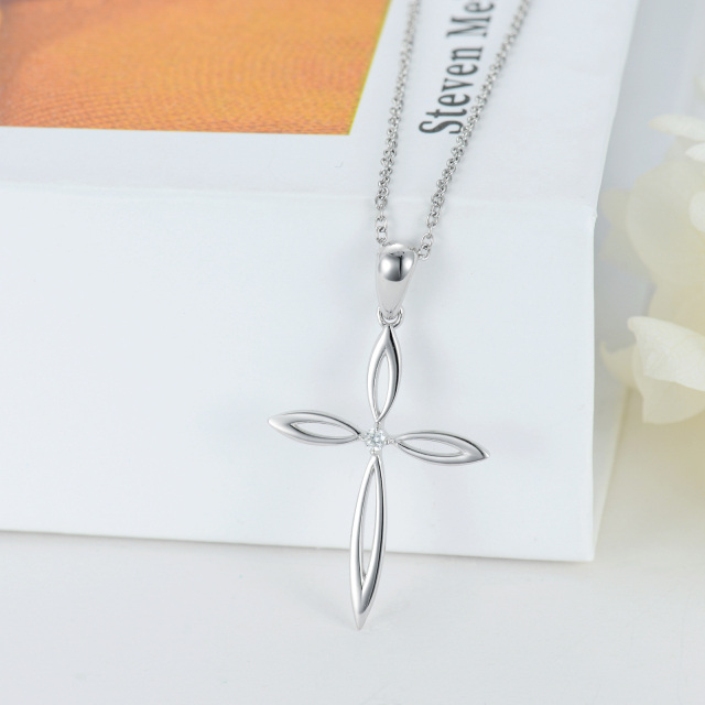 Sterling Silver Round Cubic Zirconia Cross Pendant Necklace-2