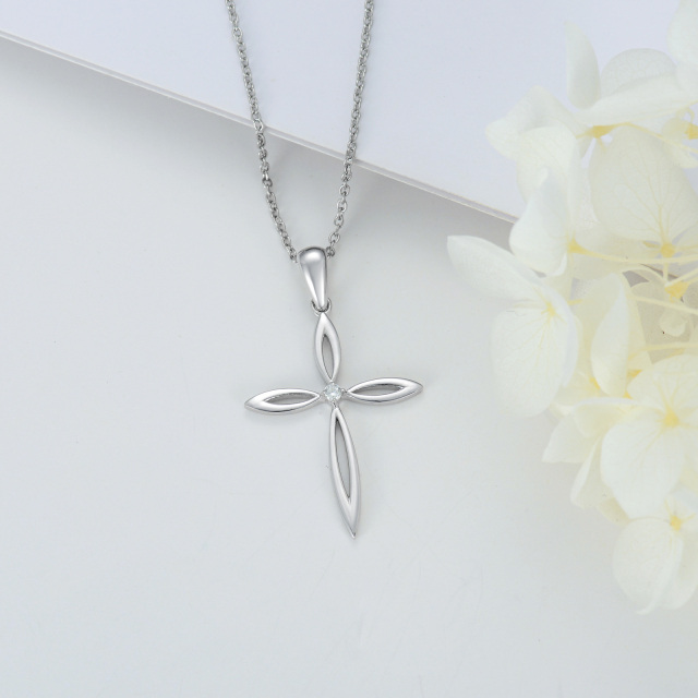 Sterling Silver Round Cubic Zirconia Cross Pendant Necklace-4