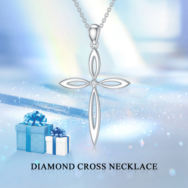 Sterling Silver Round Cubic Zirconia Cross Pendant Necklace-5