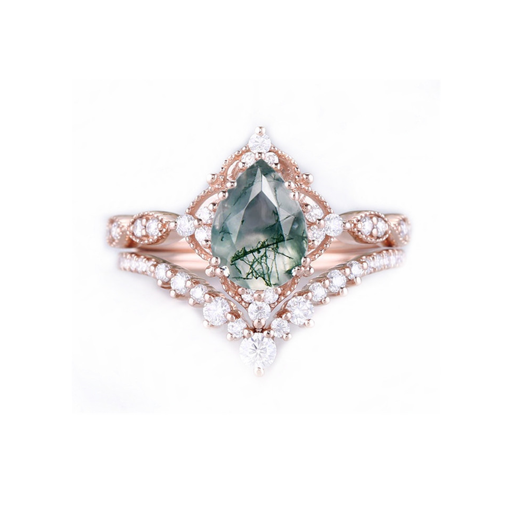 Sterling Silver with Rose Gold Plated Moissanite & Moss Agate Engagement Ring-1