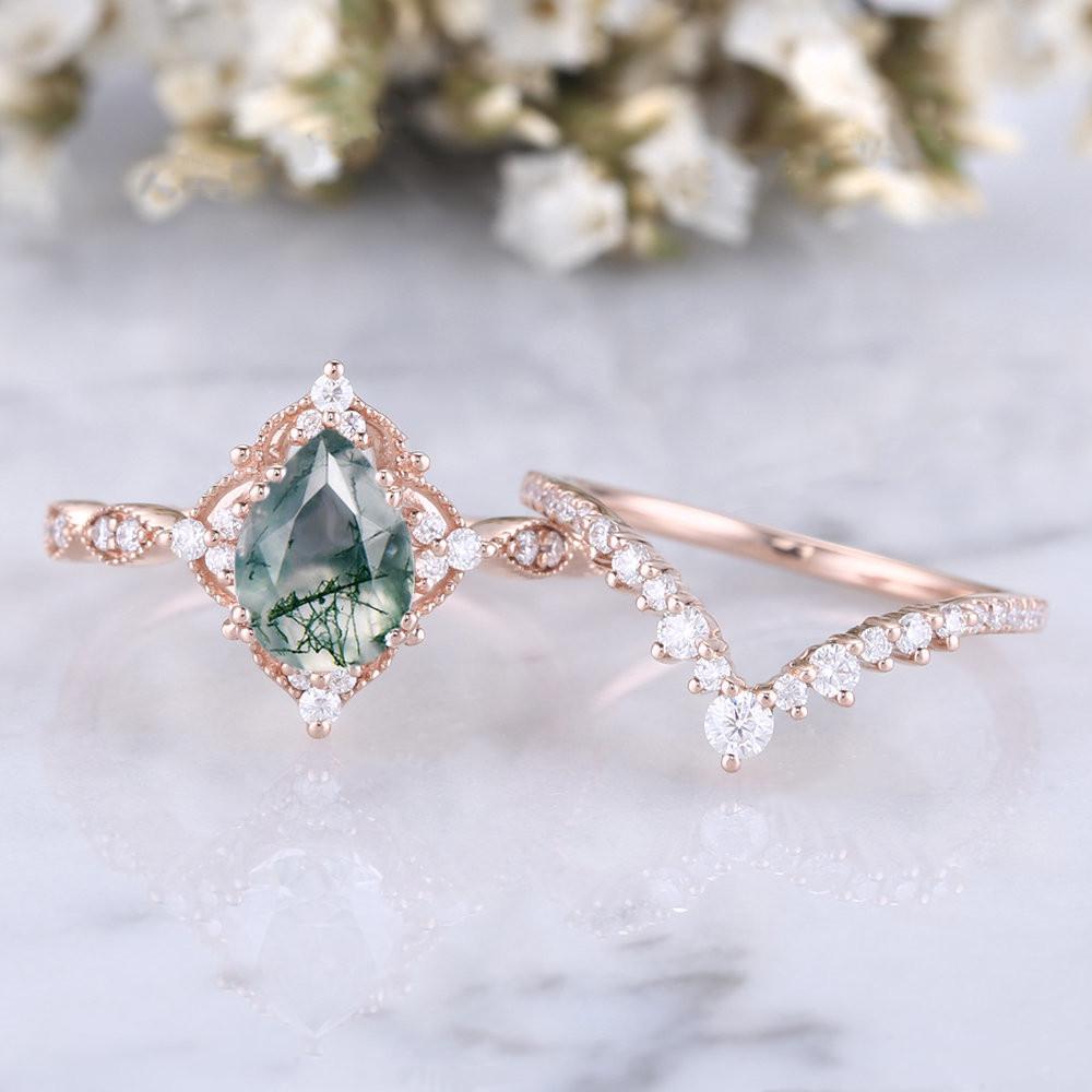 Sterling Silver with Rose Gold Plated Moissanite & Moss Agate Engagement Ring-5