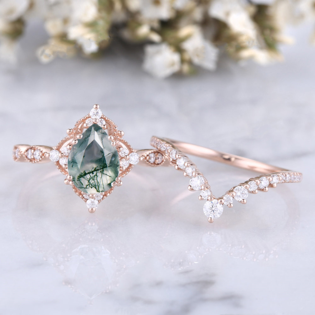 Sterling Silver with Rose Gold Plated Moissanite & Moss Agate Engagement Ring-4