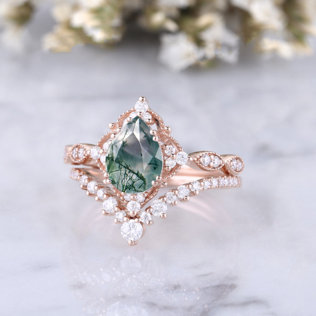 Sterling Silver with Rose Gold Plated Moissanite & Moss Agate Engagement Ring-2