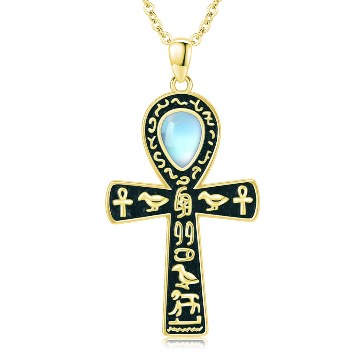Sterling Silver with Yellow Gold Plated Moonstone Ankh Pendant Necklace-1