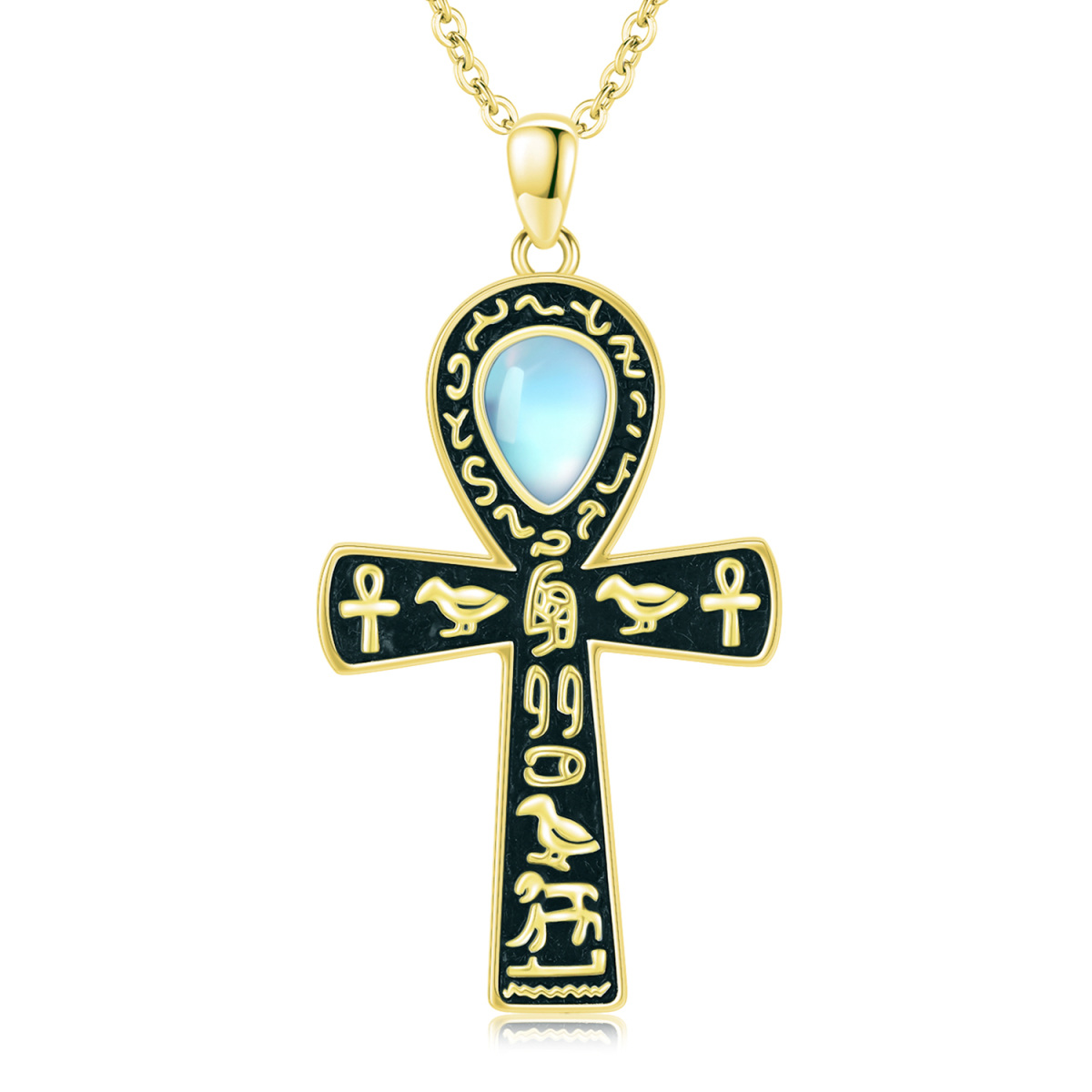 Collar con colgante Ankh de plata de ley con piedra lunar chapada en oro amarillo-1