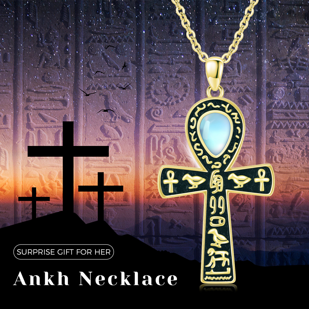 Sterling Silver with Yellow Gold Plated Moonstone Ankh Pendant Necklace-5