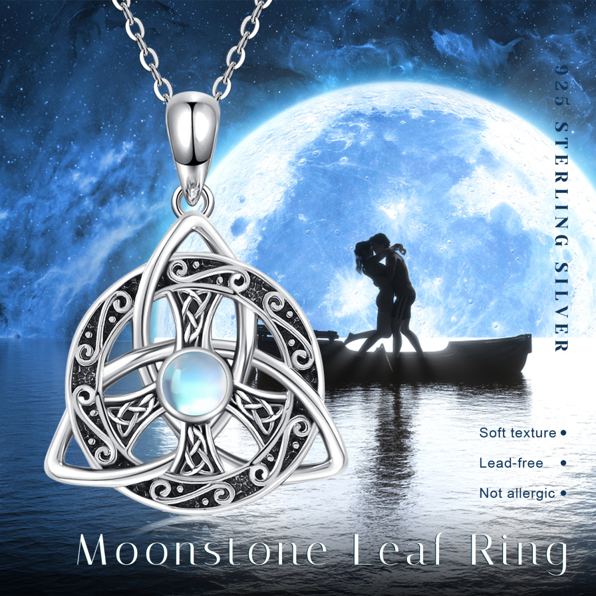 Sterling Silber Runde Mondstein keltischen Knoten & Peace Symbol Anhänger Halskette-6