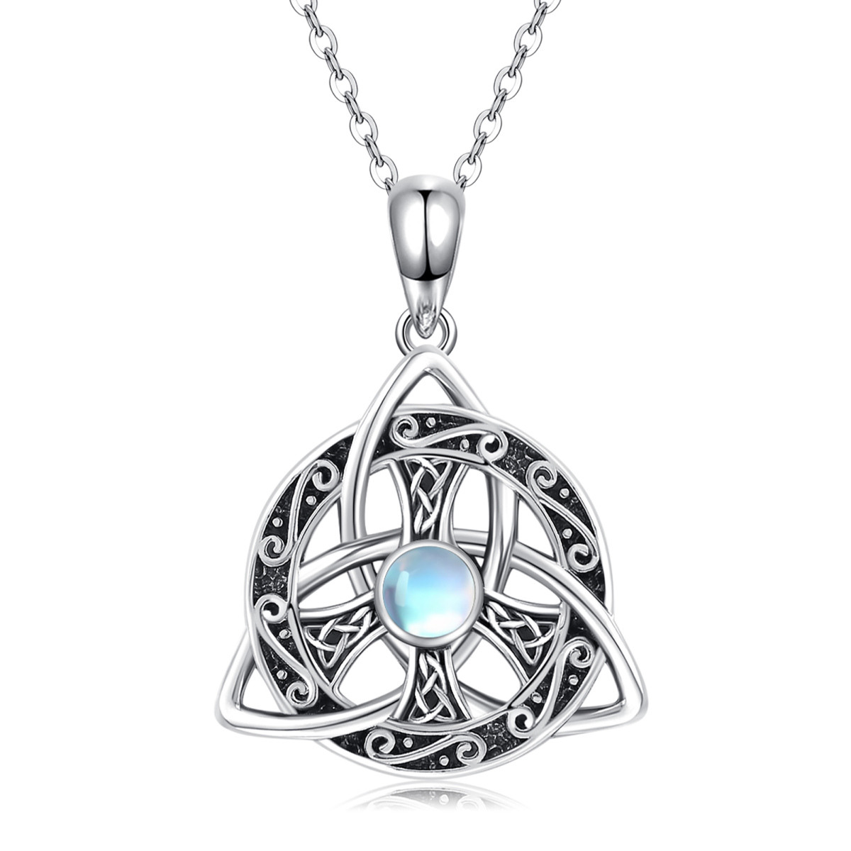 Sterling Silver Round Moonstone Celtic Knot & Peace Symbol Pendant Necklace-1