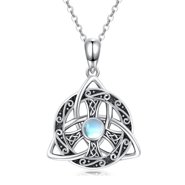 Colar com pingente de prata esterlina com pedra da lua redonda, nó celta e símbolo da paz-0