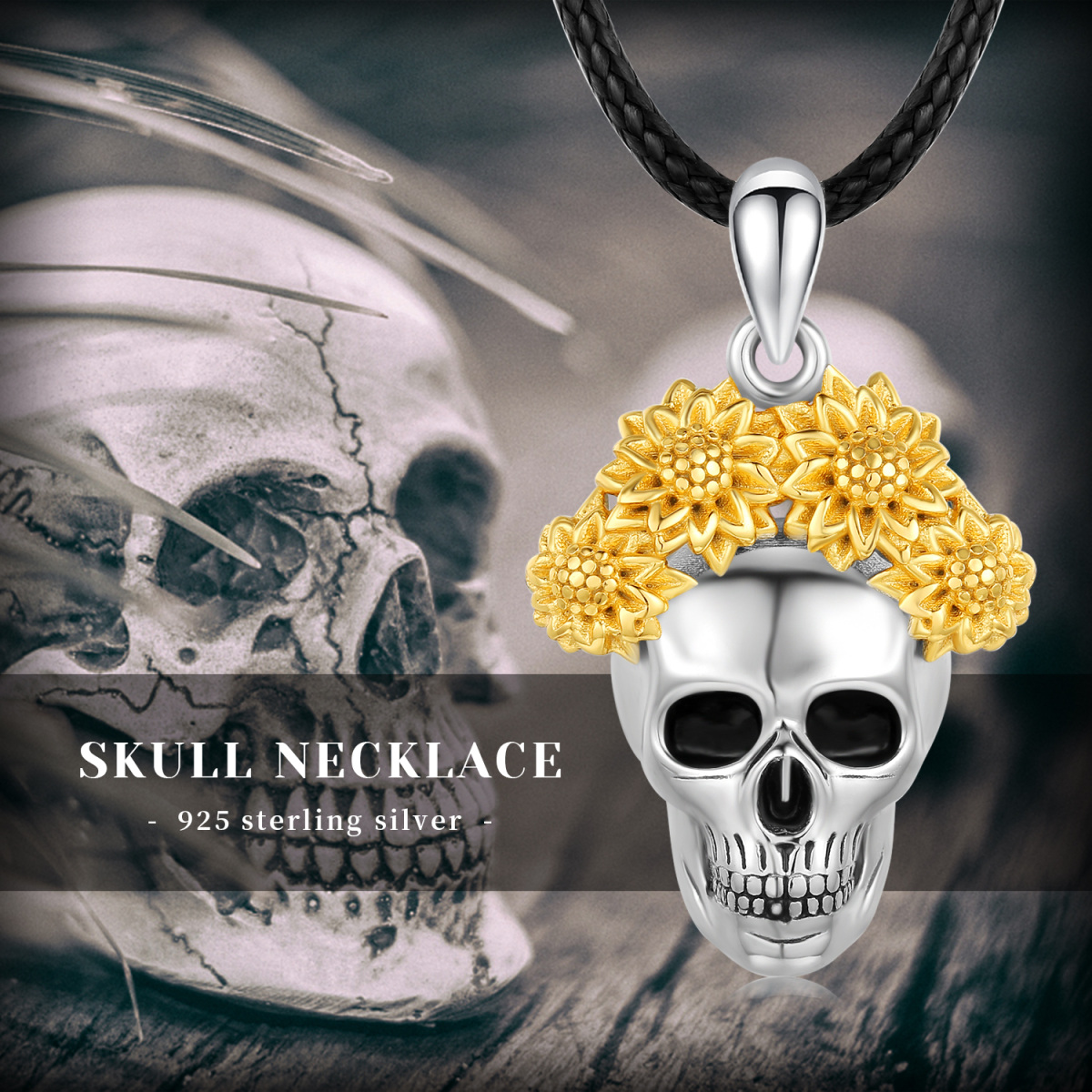 Sterling Silver Tri-tone Sunflower & Skull Pendant Necklace-7