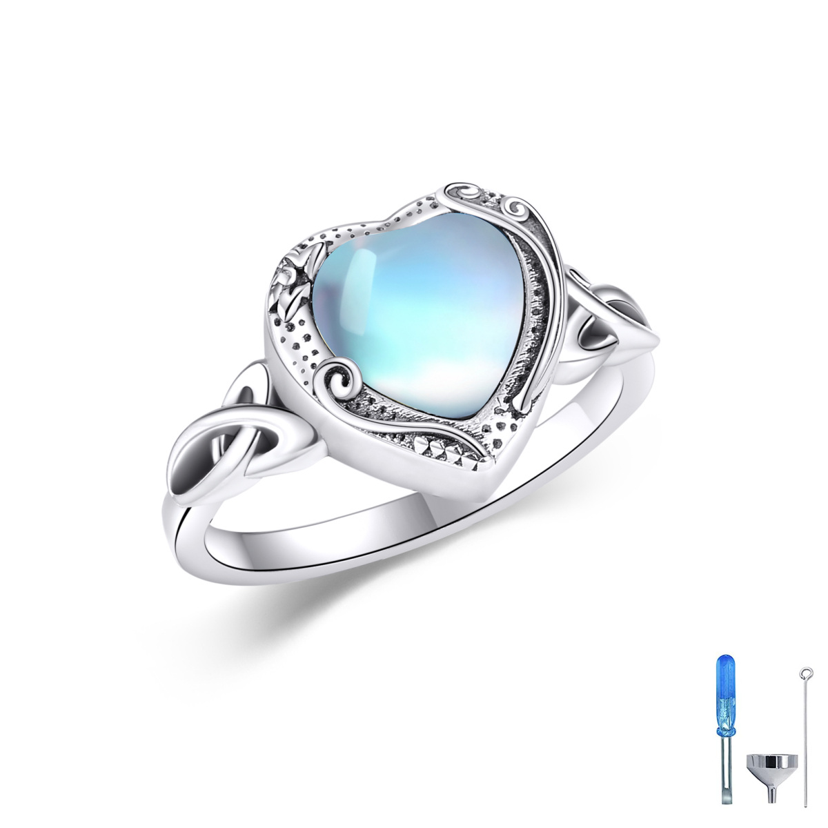 Anillo de plata de ley con forma de corazón de piedra lunar nudo celta y urna de corazón-1