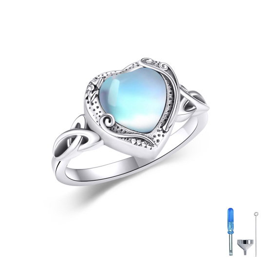 Anello con nodo celtico e urna a forma di cuore in pietra lunare in argento sterling