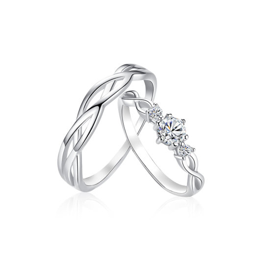 Anéis de casal em prata de lei com gravação personalizada do símbolo do infinito em zircão redondo
