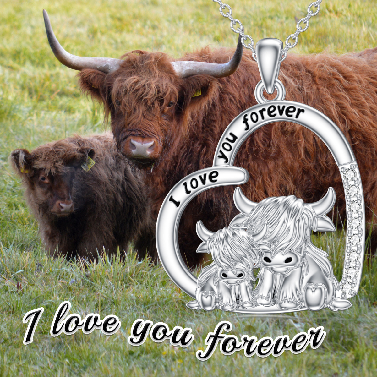 Sterling Silver Zircon Highland Cow Pendant Necklace with Engraved Word-3