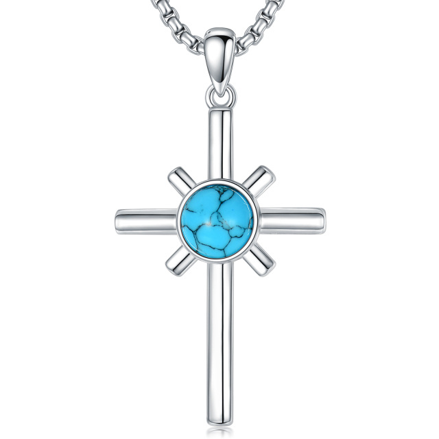 Sterling Silver Round Turquoise Cross Pendant Necklace for Men-2