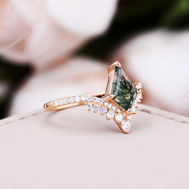 10K Gold Cubic Zirconia & Moss Agate Personalized Engraving Wedding Ring-3