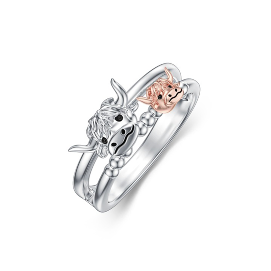 Sterling Silver Two-tone & Personalized Engraving Highland Cow Ring