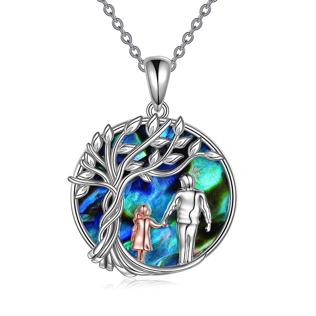 Sterling Silver with Rose Gold Plated Abalone Shellfish Father & Daughter Pendant Necklace-1