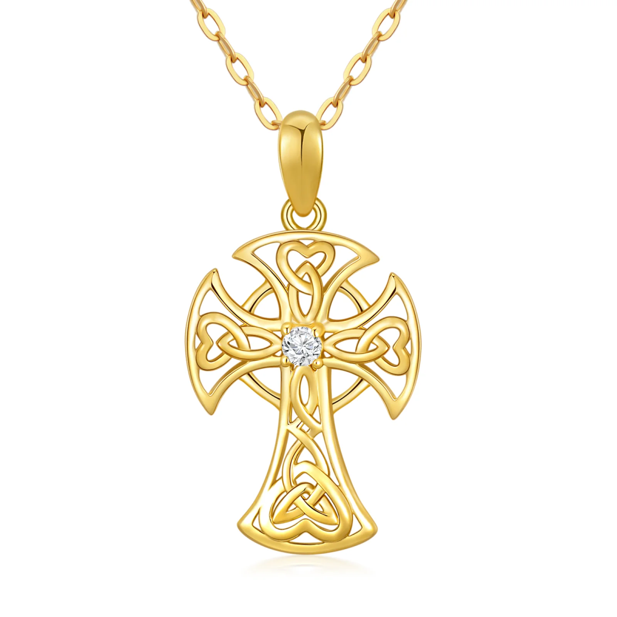 14K Gold Cubic Zirkonia Keltischer Knoten & Kreuz Anhänger Halskette-1