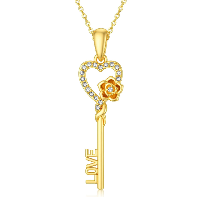 14K Gold Circular Shaped Cubic Zirconia Key Pendant Necklace-0
