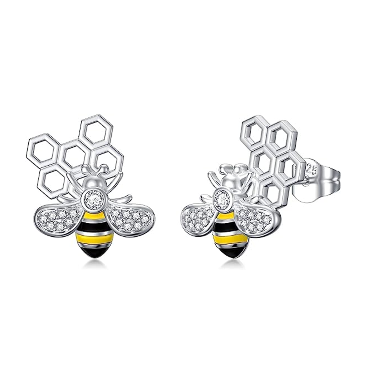 Sterling Silver Circular Shaped Cubic Zirconia Bees Stud Earrings-1